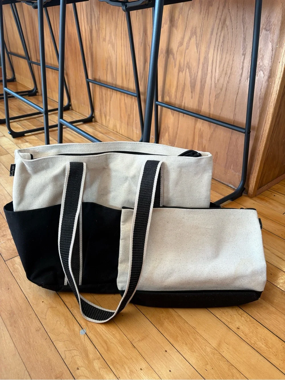 thirty-one Two-Tone Black and Cream Canvas Tote with Pouch